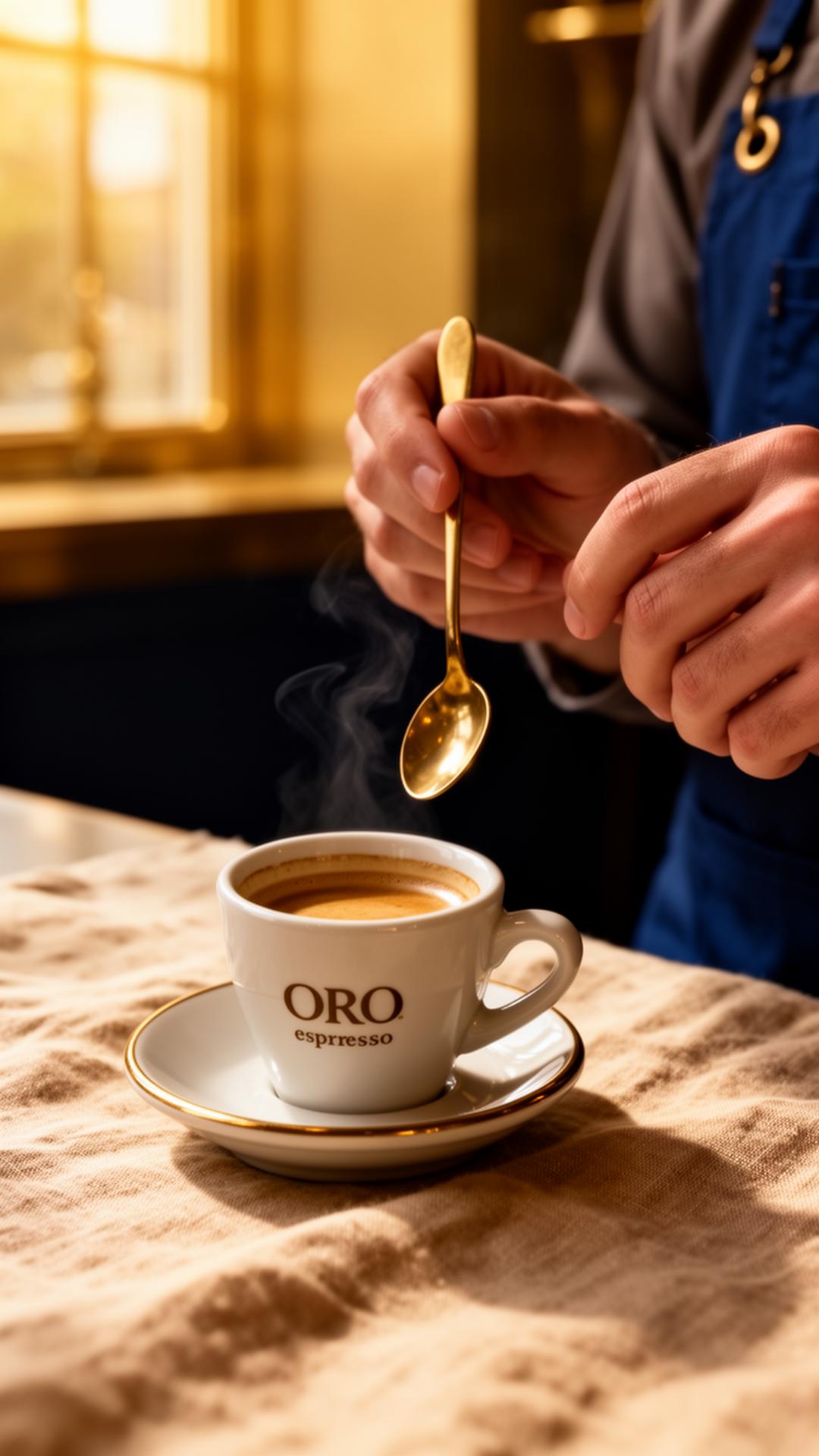 An ORO espresso on warm linen with brass spoon and wheat