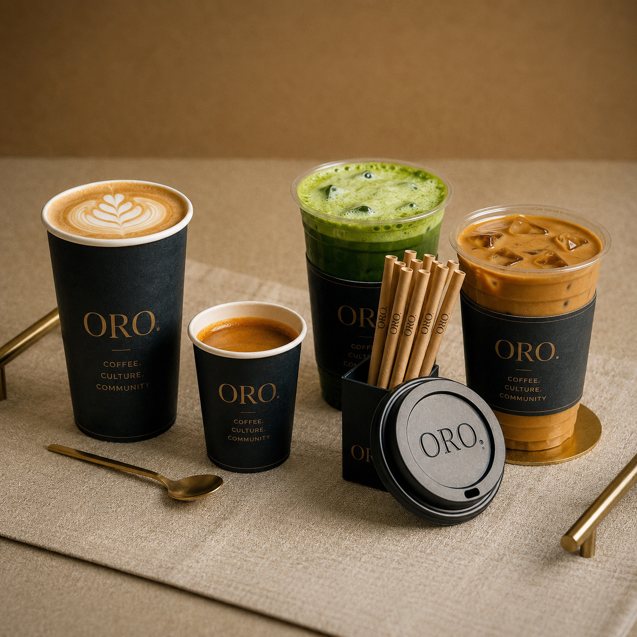 ORO branded cups in deep ink and brass
