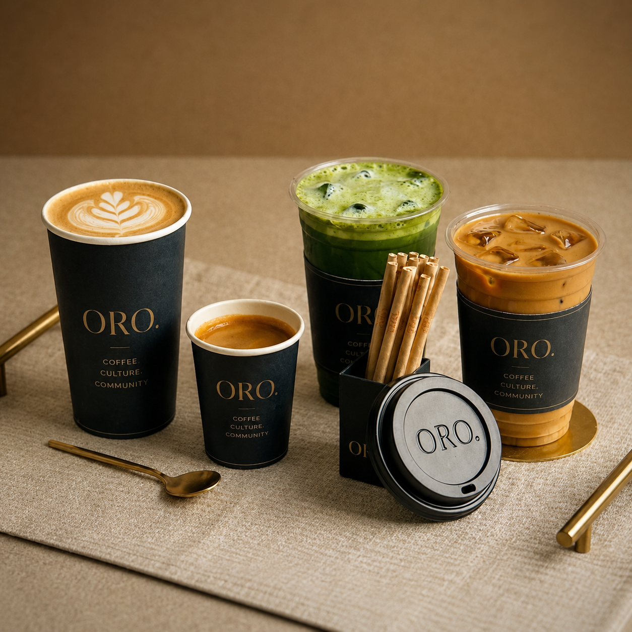 ORO branded cups in deep ink and brass